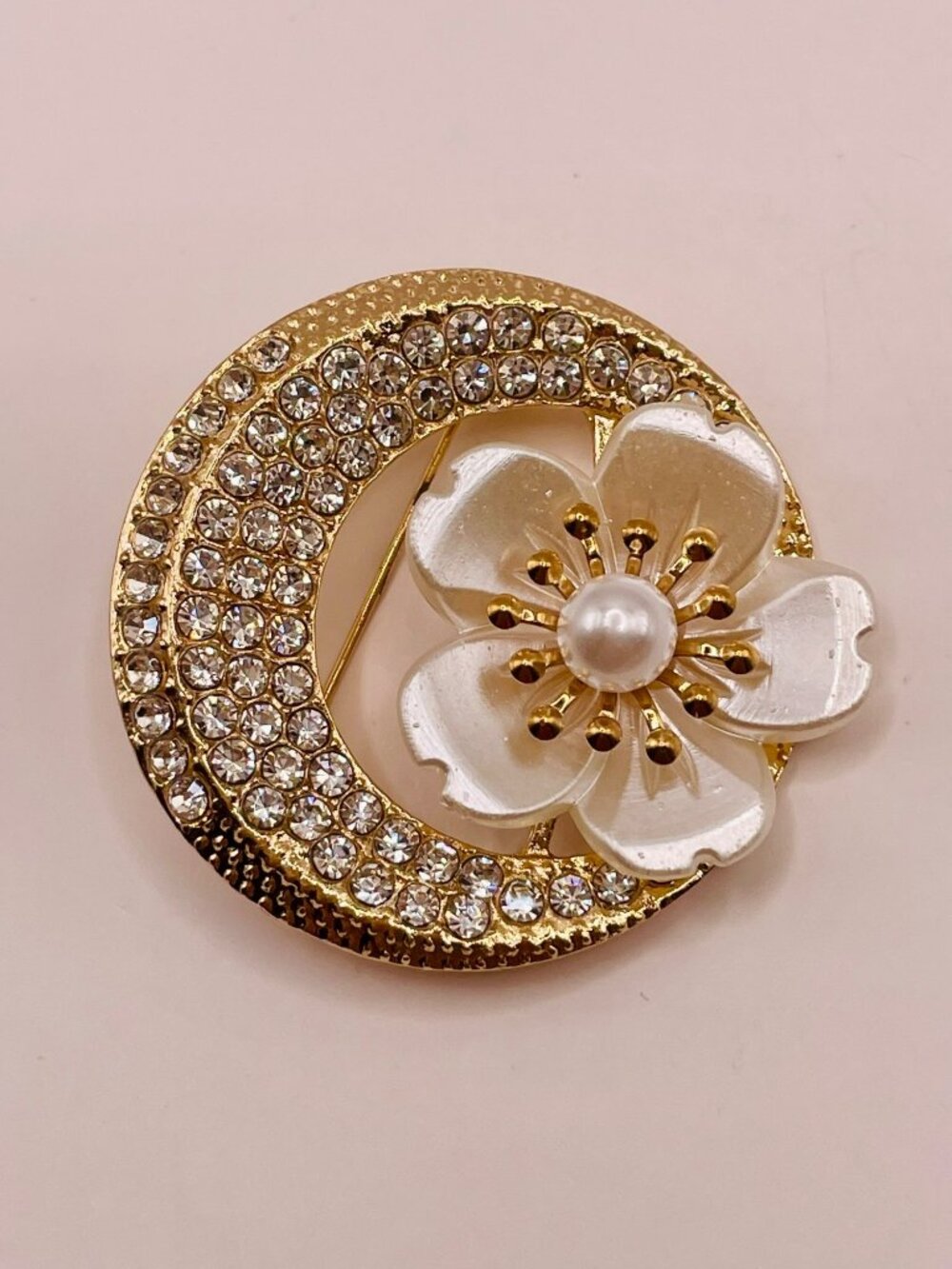 Gold-Tone Crescent Moon & Faux Pearl Flower Brooch -107B